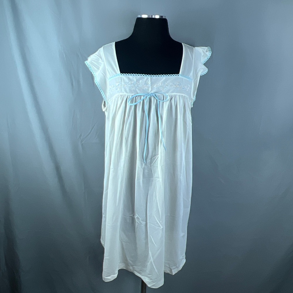 Vintage Jcpenney Sleeveless Nightgown Womens L Light Blue Floral Lace Tie Front